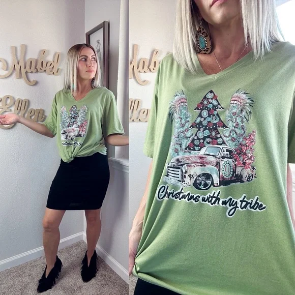 Boutique Holiday country Christmas Tribe green Bella canvas vneck graphic tee 2X - Picture 5 of 5